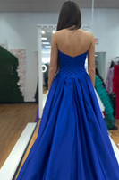 Load image into Gallery viewer, Sparkly Royal Blue Satin A Line Strapless Long Prom Dress with Bow