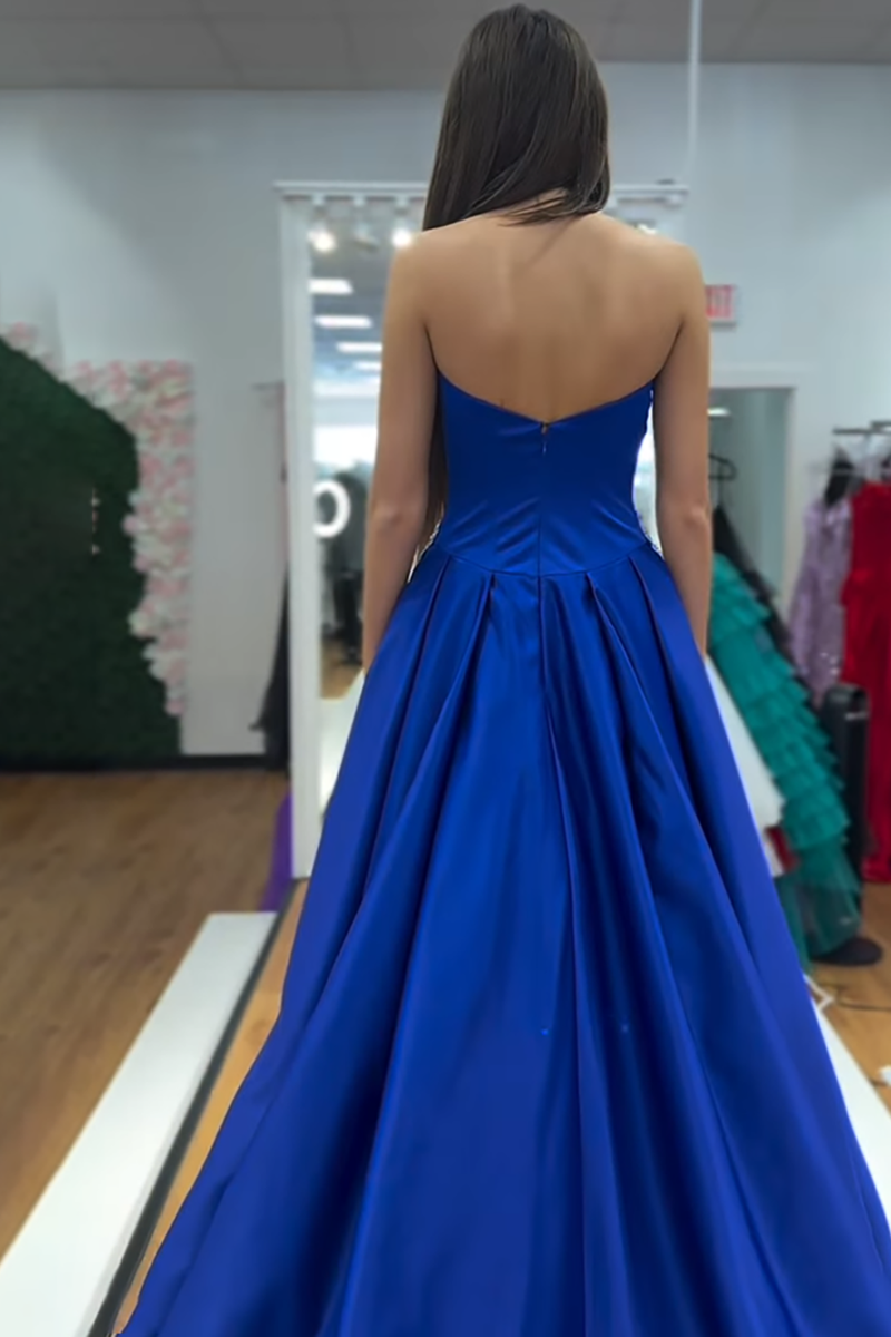 Load image into Gallery viewer, Sparkly Royal Blue Satin A Line Strapless Long Prom Dress with Bow