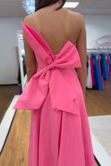 Pink Satin Strapless Mermaid Long Prom Dress with Bow