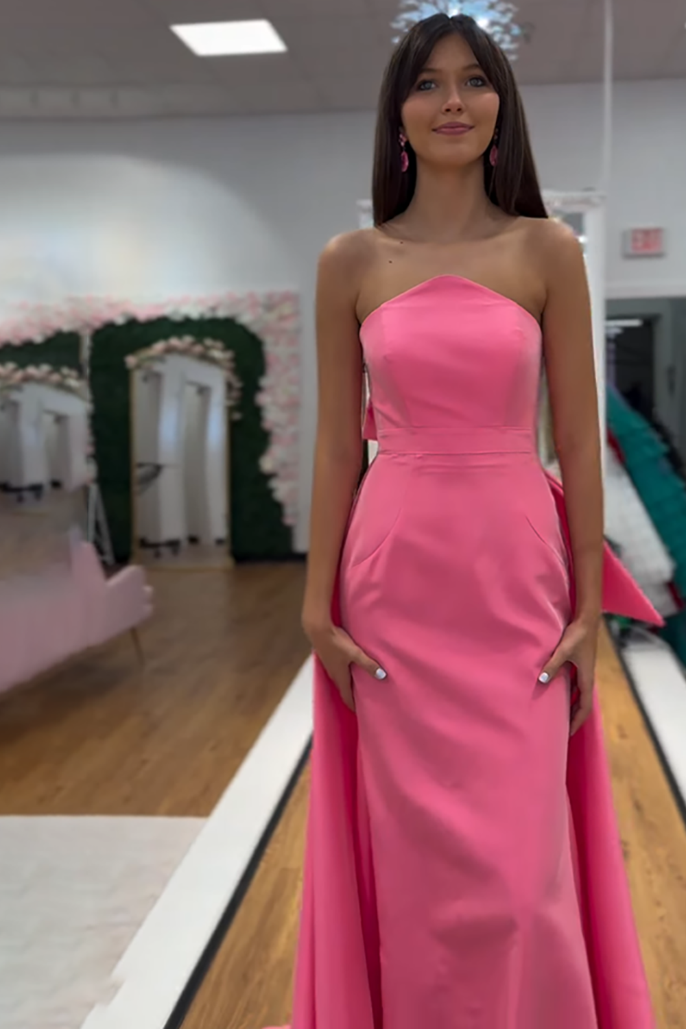Pink Satin Strapless Mermaid Long Prom Dress with Bow