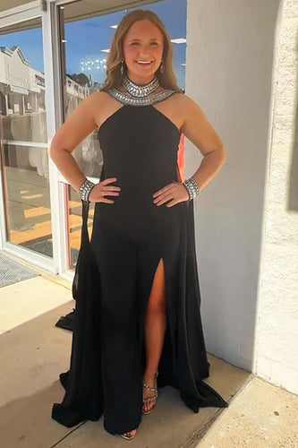 Sparkly Black Beaded Halter Jumpsuit with Cape