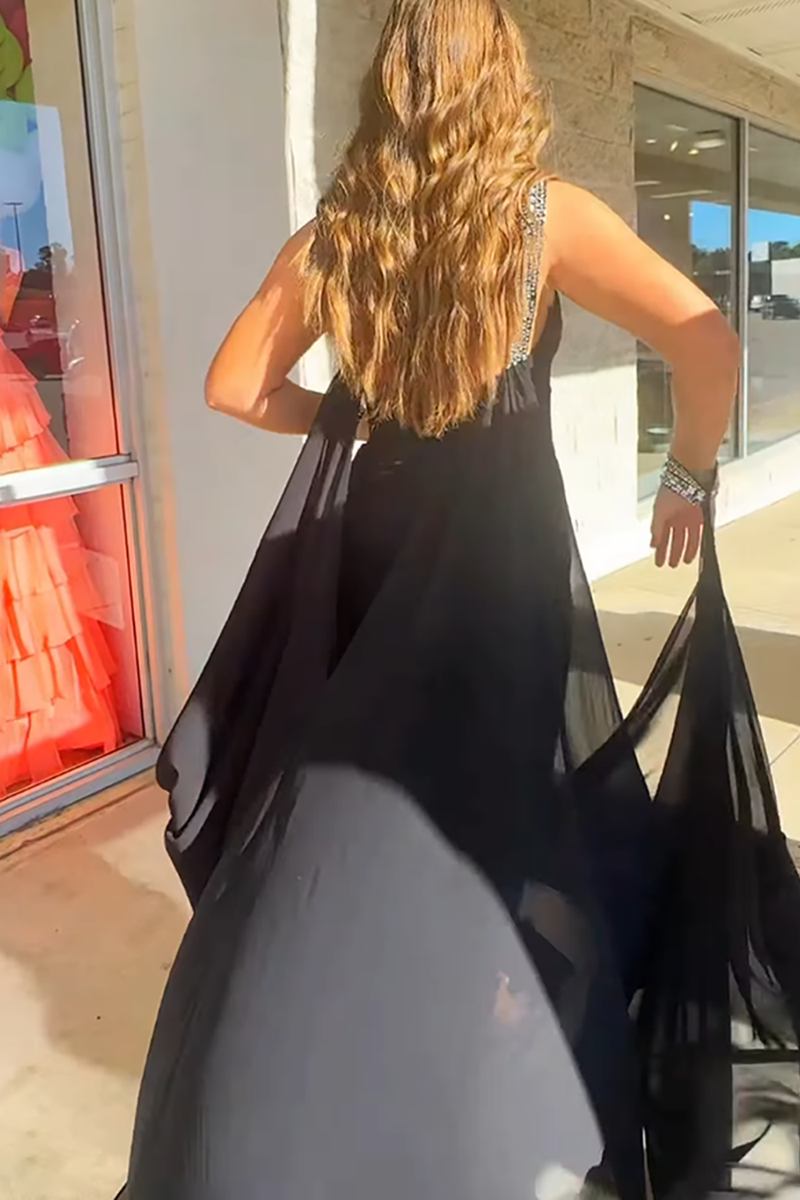 Load image into Gallery viewer, Sparkly Black Beaded Halter Jumpsuit with Cape