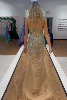 Sparkly Gold Sweetheart Sequin Long Corset Prom Dress with Slit