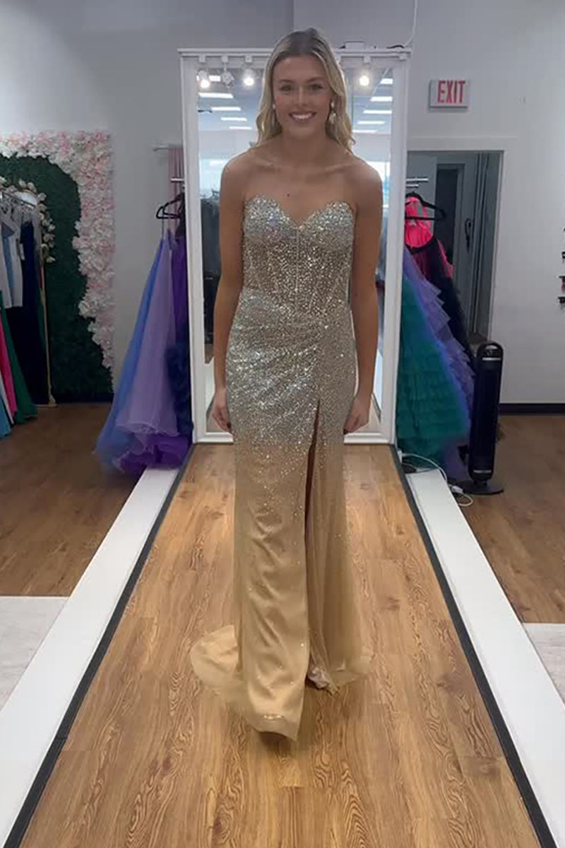 Load image into Gallery viewer, Sparkly Gold Sweetheart Sequin Long Corset Prom Dress with Slit