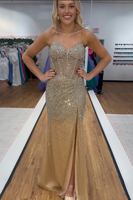 Load image into Gallery viewer, Sparkly Gold Sweetheart Sequin Long Corset Prom Dress with Slit