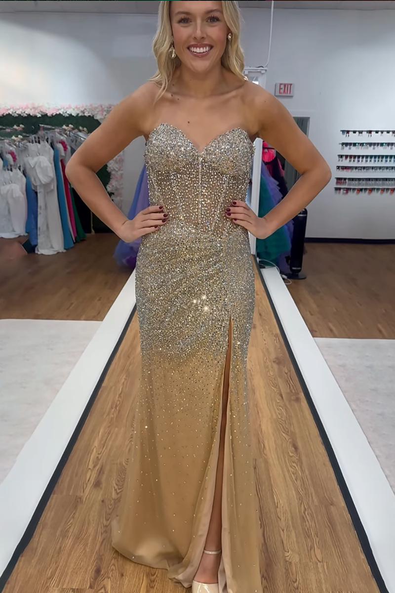 Load image into Gallery viewer, Sparkly Gold Sweetheart Sequin Long Corset Prom Dress with Slit