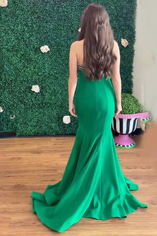 Sparkly Green Strapless Satin mermaid Long Prom Dress with Beadings