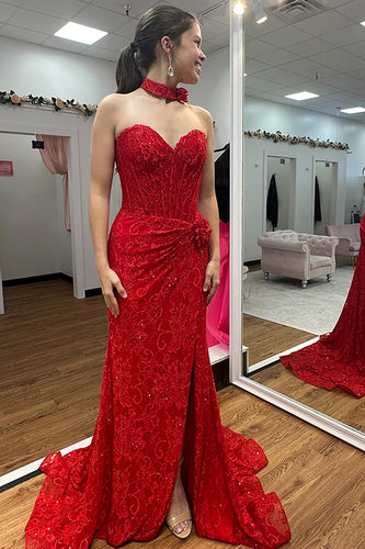 Sparkly Red Mermaid Long Corset Sweetheart Prom Dress with 3D Flowers