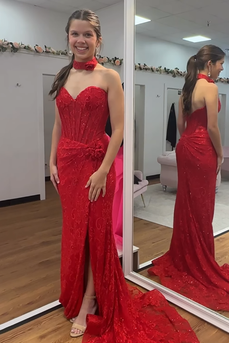 Sparkly Red Mermaid Long Corset Sweetheart Prom Dress with 3D Flowers