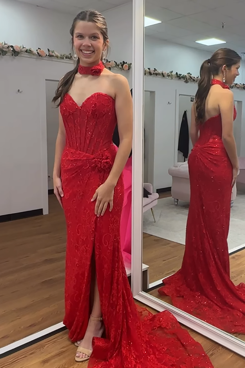 Load image into Gallery viewer, Sparkly Red Mermaid Long Corset Sweetheart Prom Dress with 3D Flowers