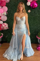 Load image into Gallery viewer, Sparkly Light Blue Sweetheart Corset Mermaid Long Prom Dress with Cape