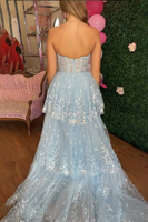 Load image into Gallery viewer, Sparkly Light Blue Sweetheart Corset Mermaid Long Prom Dress with Cape