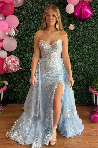 Sparkly Light Blue Sweetheart Corset Mermaid Long Prom Dress with Cape
