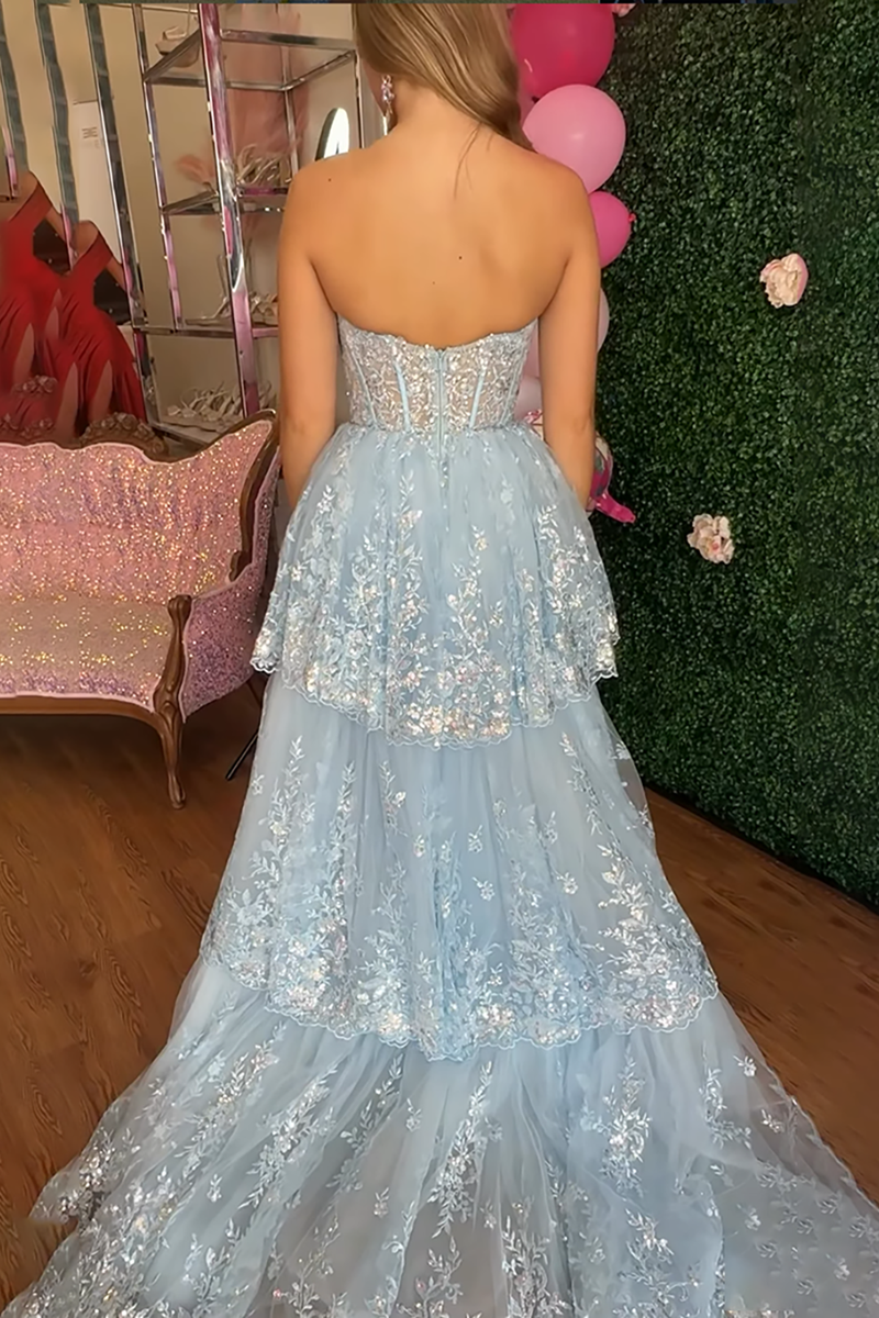 Load image into Gallery viewer, Sparkly Light Blue Sweetheart Corset Mermaid Long Prom Dress with Cape