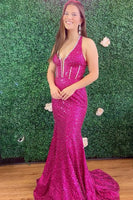 Load image into Gallery viewer, Sparkly Fuchsia V Neck Mermaid Long Sequin Corset Prom Dress