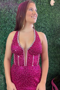 Sparkly Fuchsia V Neck Mermaid Long Sequin Corset Prom Dress