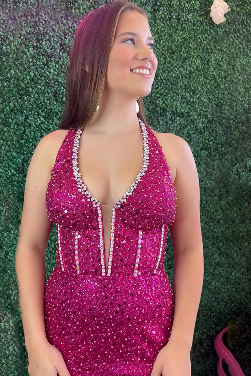 Load image into Gallery viewer, Sparkly Fuchsia V Neck Mermaid Long Sequin Corset Prom Dress