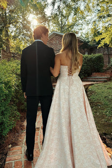 Pink Floral Strapless A Line Long Prom Dress