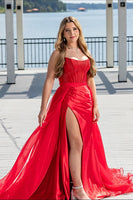 Load image into Gallery viewer, Red Mermaid Strapless Corset Long Prom Dress with Side Cape