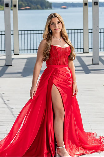 Red Mermaid Strapless Corset Long Prom Dress with Side Cape