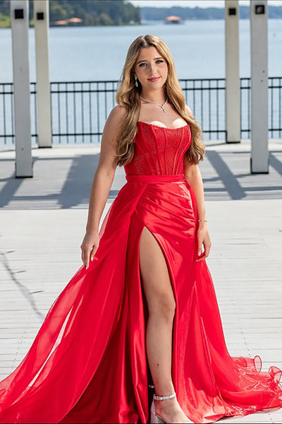 Red Mermaid Strapless Corset Long Prom Dress with Side Cape