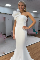Load image into Gallery viewer, White One Shoulder Satin Mermaid Long Prom Dress with Ruffles