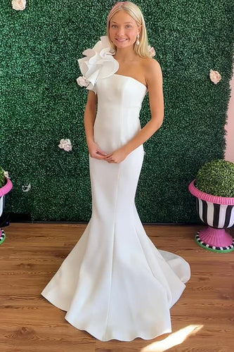 White One Shoulder Satin Mermaid Long Prom Dress with Ruffles