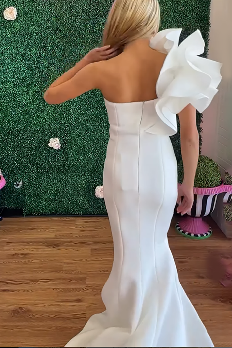 Load image into Gallery viewer, White One Shoulder Satin Mermaid Long Prom Dress with Ruffles