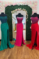 Load image into Gallery viewer, Sparkly Emerald Green Corset Strapless Long Prom Dress with Slit
