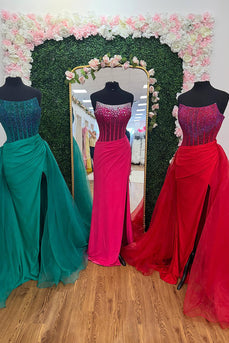 Sparkly Emerald Green Corset Strapless Long Prom Dress with Slit