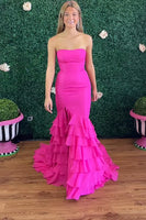 Load image into Gallery viewer, Fuchsia Strapless Mermaid Long Prom Dress with Ruffles