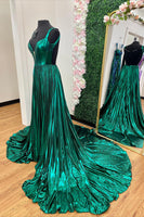 Load image into Gallery viewer, Metallic Emerald Green A Line Pleated Backless Long Corset Prom Dress