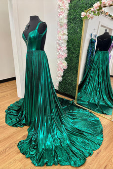 Metallic Emerald Green A Line Pleated Backless Long Corset Prom Dress