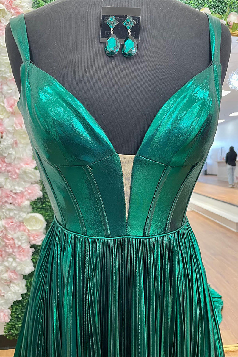 Load image into Gallery viewer, Metallic Emerald Green A Line Pleated Backless Long Corset Prom Dress