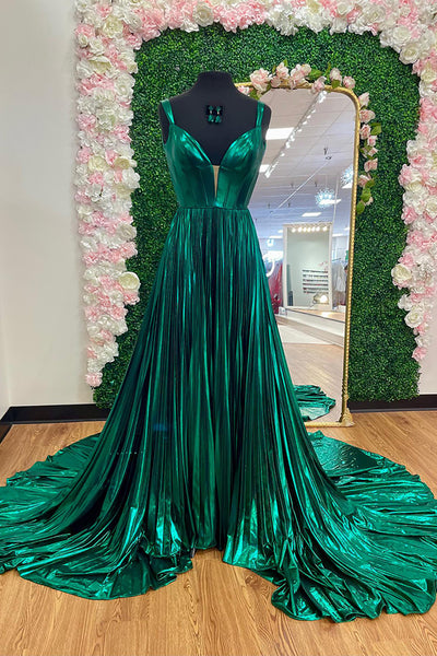 Metallic Emerald Green A Line Pleated Backless Long Corset Prom Dress