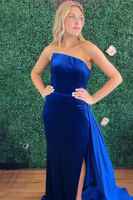 Load image into Gallery viewer, Royal Blue Velvet Mermaid Strapless Long Holiday Party Dress with Side Cape