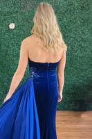 Load image into Gallery viewer, Royal Blue Velvet Mermaid Strapless Long Holiday Party Dress with Side Cape