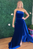 Load image into Gallery viewer, Royal Blue Velvet Mermaid Strapless Long Holiday Party Dress with Side Cape