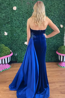 Load image into Gallery viewer, Royal Blue Velvet Mermaid Strapless Long Holiday Party Dress with Side Cape