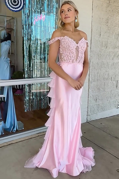 Pink Off the Shoulder Mermaid Corset Long Prom Dress with Ruffles