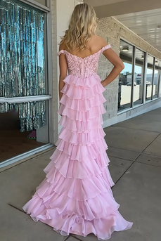 Pink Off the Shoulder Mermaid Corset Long Prom Dress with Ruffles