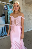 Load image into Gallery viewer, Pink Off the Shoulder Mermaid Corset Long Prom Dress with Ruffles