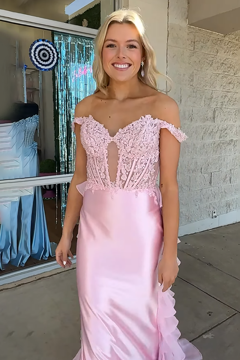 Load image into Gallery viewer, Pink Off the Shoulder Mermaid Corset Long Prom Dress with Ruffles