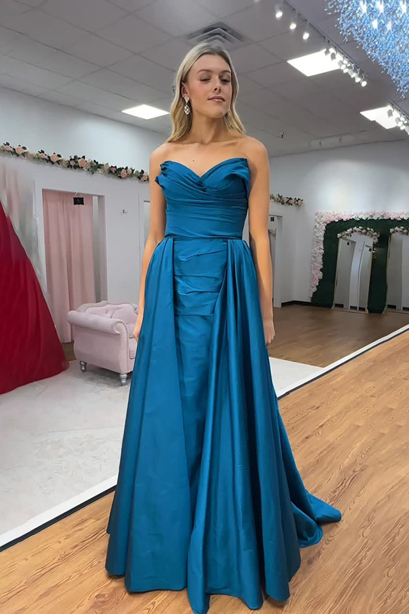 Load image into Gallery viewer, Blue Sweetheart Satin Mermaid Long Prom Dress with Cape