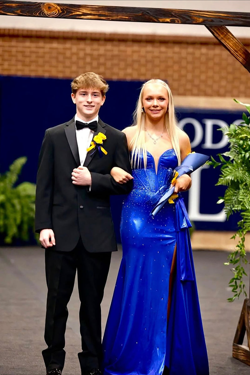 Load image into Gallery viewer, Sparkly Royal Blue Strapless Mermaid Long Corset Prom Dress