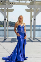 Load image into Gallery viewer, Sparkly Royal Blue Strapless Mermaid Long Corset Prom Dress