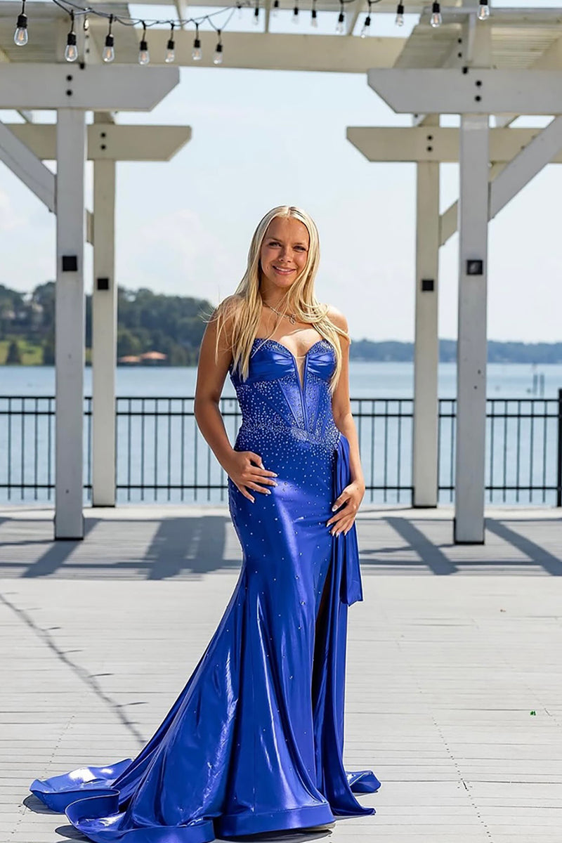 Load image into Gallery viewer, Sparkly Royal Blue Strapless Mermaid Long Corset Prom Dress