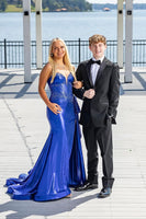 Load image into Gallery viewer, Sparkly Royal Blue Strapless Mermaid Long Corset Prom Dress