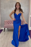 Load image into Gallery viewer, Sparkly Royal Blue Mermaid Long Corset Prom Dress with Slit