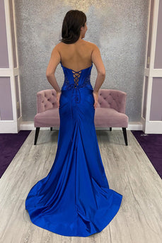 Sparkly Royal Blue Mermaid Long Corset Prom Dress with Slit